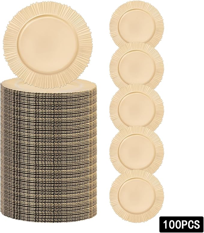 Gold Plastic Charger Plates Set of 100, 13” Reusable Party Chargers for Dinner Plates, Elegant Round Service Plate Chargers Bulk Decorative for Wedding, Catering Table Decor