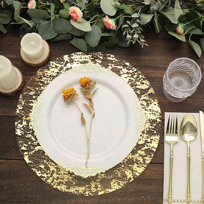 20 Pack 13" Metallic Gold Foil Placemats, Round Shiny and Durable, Disposable Mesh Table Mats for Dining and Parties