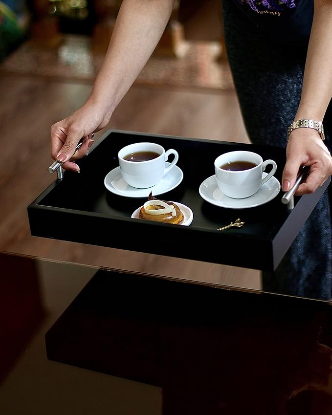 Coffee Table Tray - with Gold and Silver Metal Handles for Serving, Home Decor, Bathroom, Ottoman Design, Wooden Tray 16x12in (Black)