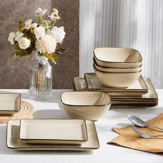 E-far Square Plates and Bowls Sets, 12-Piece Stoneware Dinnerware Sets for 4, Reactive Glaze Dish Set, Chip and Scratch Resistant, Microwave and Dishwasher Safe, Sandy Beige
