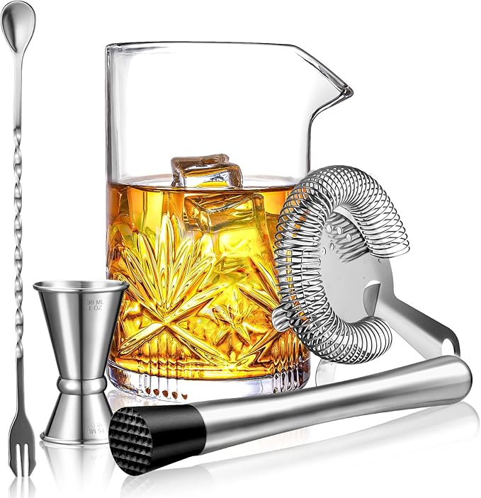 Cocktail Mixing Glass, veecom 18oz Crystal Bartender Kit, 5 Piece Bar Mixing Glass Old Fashioned Cocktail Kit with Strainer, Muddler, Spoon, Jigger, Cocktail Mixer