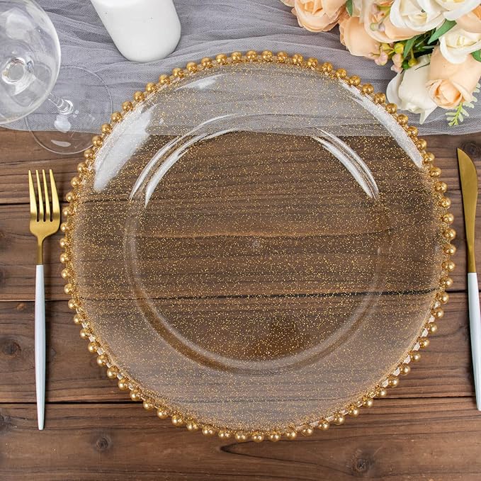 Efavormart 12-Pack Acrylic Charger Plates 13" Round Clear Gold Glittered with Beaded Rim - Decorative Dinner Party Serving Plates