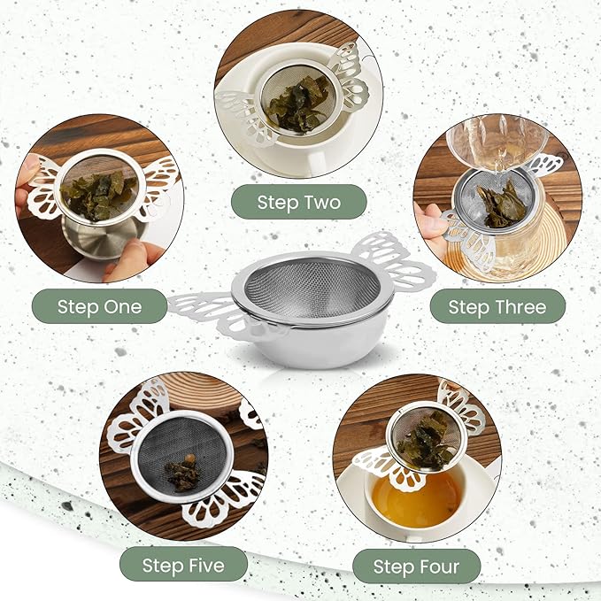 VEIREN 2 Pieces Tea Strainers with Drip Bowl Stainless Steel Loose Leaf Tea Filter with Butterfly Handle Reusable Fine Mesh Tea Interval Diffuser for Loose Leaf Coffee Herbal Spice(Style B, Silver2)