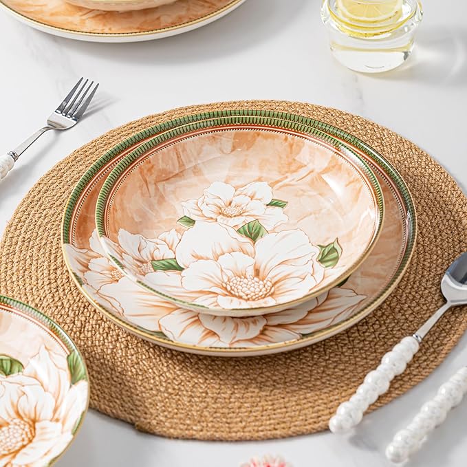 Plates and Bowls Sets for 4, 16-Piece Dinnerware Set Ceramic, Dish Sets for 4 with Camellia Floral Pattern, Microwave & Dishwasher Safe for Everyday Use & Gift Giving