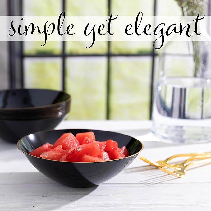 [16 OZ 40 Count] Black Plastic organic Party Soup bowls With Gold Rim Premium heavyweight Elegant Disposable Tableware Dishes
