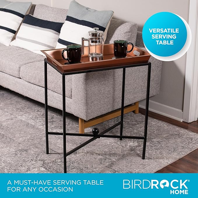 BIRDROCK HOME Butler Tray Table with Removable Top - Large Rectangle Metal Stand for Dessert, Appetizer, Food Platters, Entertaining - Ideal for Party, Buffet, Brunch - Black Iron Stand - Copper 25"