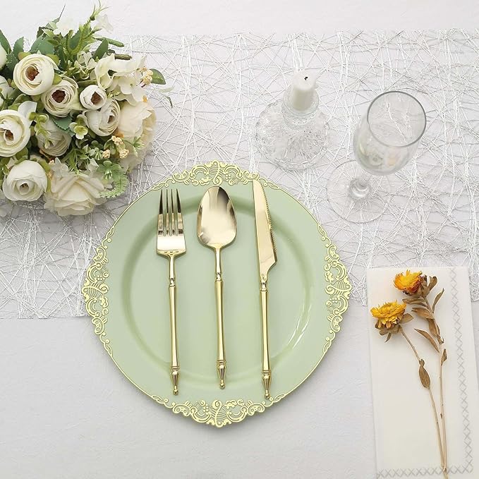 10" Dinner Plates -Set of 10 - Plastic Sage Green Round Baroque Disposable Chargers Leaf Embossed Rim, Ideal for Dinner Party Wedding Bulk Events