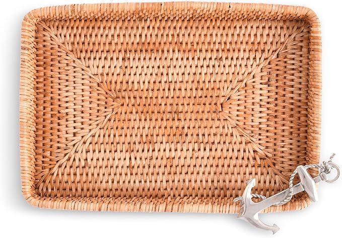 Vagabond House - Rattan Tray, Handmade Wicker Tray, Basket Tray, Coastal Nautical Design with Pewter Anchor, 12x9 Inches, Eco-Friendly, Hand Woven for Ocean Theme Home