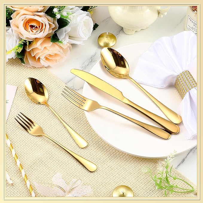 Dandat 500 Pcs Gold Silverware Set Stainless Steel Set with Dinner Forks Knife Spoon Dessert Forks Steak Knives Cutlery Flatware for 100 Guest Wedding Dinner Party Restaurant Home Holiday Party