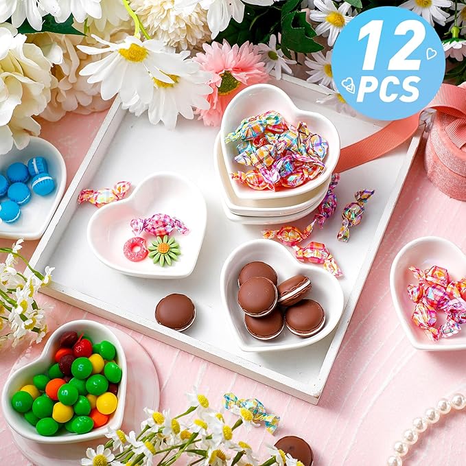 Zopeal 12 Pcs Heart Shaped Bowls Ceramic Dishes Heart Plates Multipurpose Salad Appetizer Plate Cooking Gift for Candy Sauce Sushi Dipping Serving Wedding Anniversary (White)