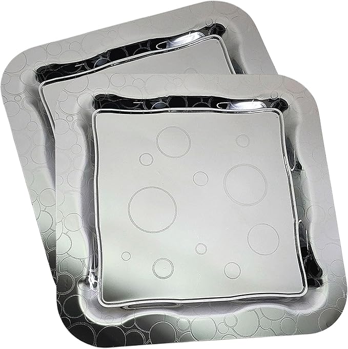 (Pack of 2 18 inch x 18 inch Square Chrome Plated Serving Tray Stylish Line Floral Circle Bubble Engraved Edge Decorative Party Wedding Dessert Buffet Wine Platter Plate TTL-004