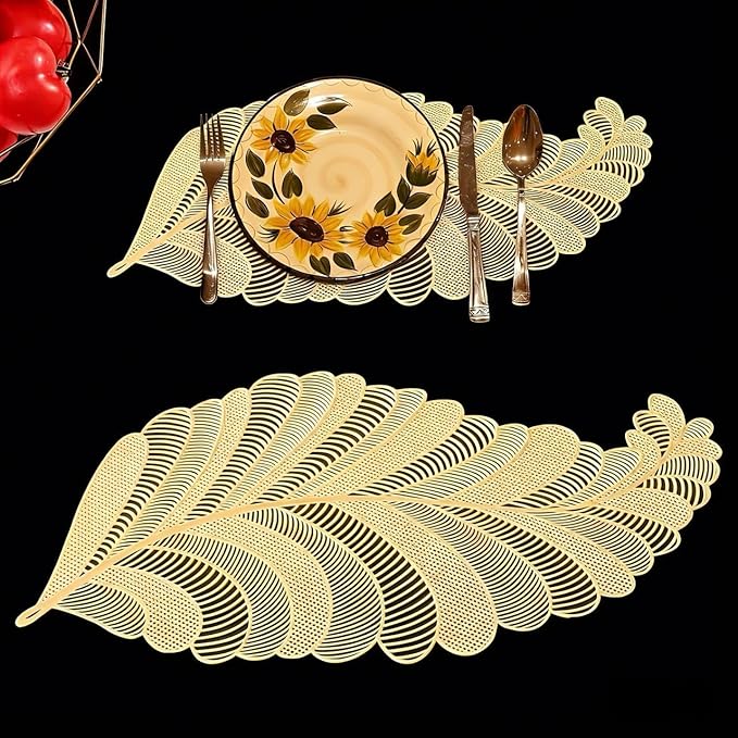 FAVE Gold Metallic Placemats Set of 6 Hallowed Out Vinyl Placemats Leaf Shaped Durable Table mats Set of 6 Washable Heat Resistant Place Mats for Party Dinner Use (Gold,6)