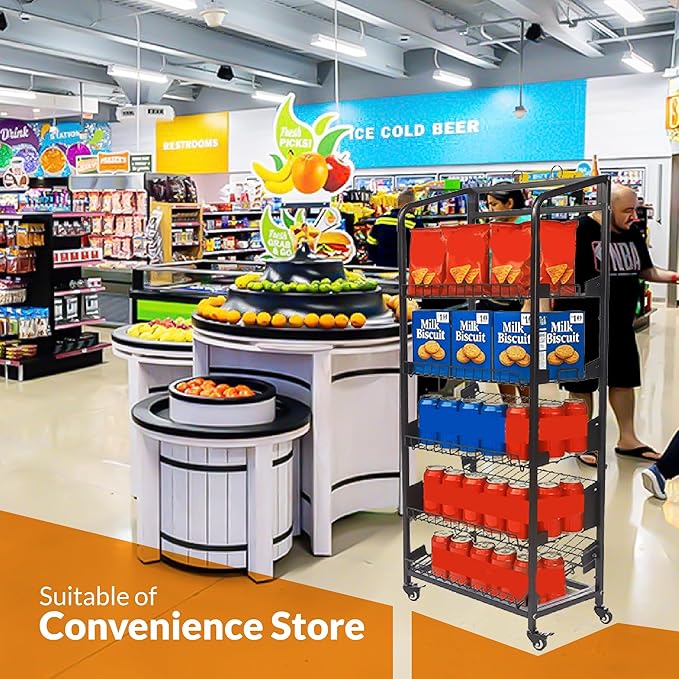 6-Tier Metal Bakery Display Rack with Wheels & Sign Holder – 29″W x 18″D x 65″H Adjustable Wire Shelves – Powder-Coated Rolling Stand for Store, Café, Farmers Market – Easy Assembly