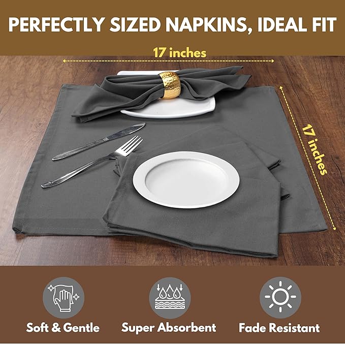 Native Fab Cloth Napkin Set of 12, 100% Cotton, Washable, Reusable Dinner Cloth Napkin 17x17 inches, Table Decor Napkins for Dinner, Events, Gray