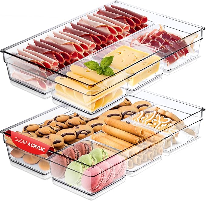 2 Pack 4-Section Serving Platter & Clear Acrylic Party Tray - BPA Free Food, Cookie & Charcuterie Tray for Cheese, Fruit & Snacks - Elegant, Durable Design for Every Occasion