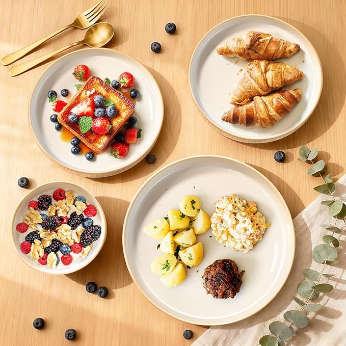 Stoneware Dinnerware Sets for 4, 12 Pcs Ribbed Reactive Glaze Ceramic Plates and Bowls Sets, Chip Resistant, Microwave Dishwasher Safe Dish Set, Housewarming Gifts, Cappuccino White