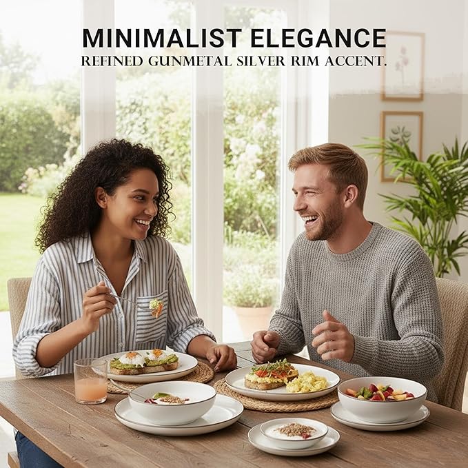 Dinner Set 16 PCS – Premium Ceramic Tableware in White – Includes 4 Dinner Plates, 4 Side Plates, 4 Rice Bowls & 4 Soup Bowls – Durable, Stylish & Microwave Safe