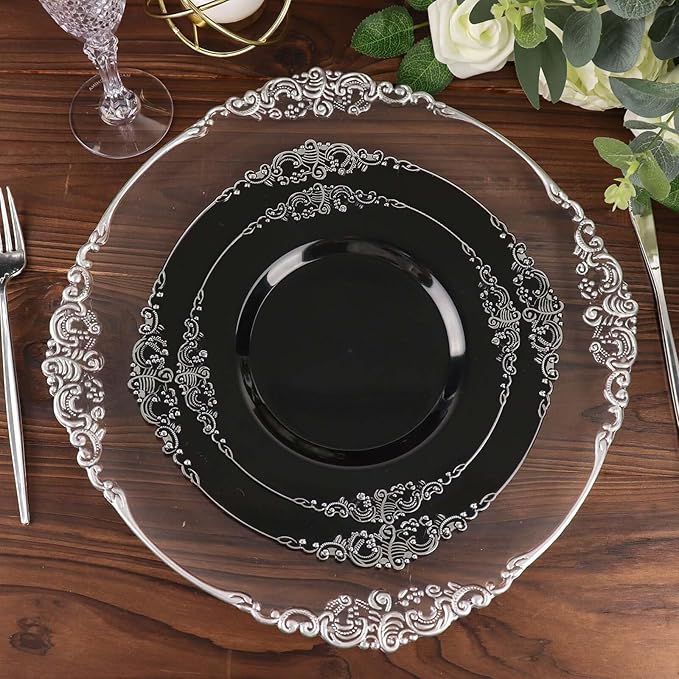 10" Dinner Plates -Set of 10 - Plastic Black Silver Round Baroque Disposable Chargers Leaf Embossed Rim, Ideal for Dinner Party Wedding Bulk Events