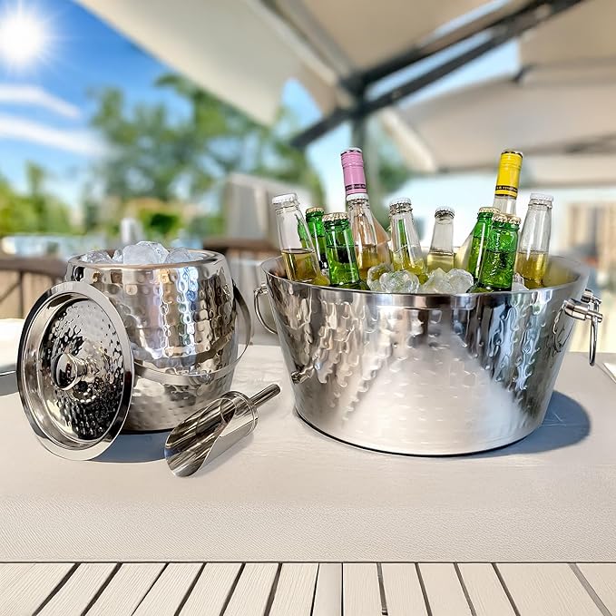 BREKX Stainless Steel Beverage Tub and Ice Bucket with Lid and Scoop Party Combo Pack, Silver Double-Walled Insulated Barware Set