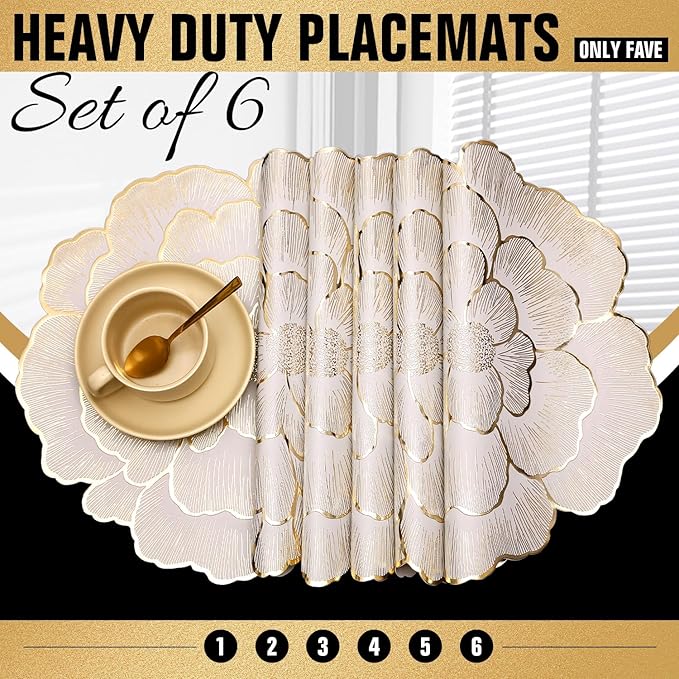 FAVE 12PCS Floral Round Placemats Gold Placemat Vinyl Placemats Set of 12 for Wedding, Banquet, Birthday, Party, Restaurant Table Mats Reusable Metallic Shiny Gold Placemat(Golden Peony, 12PCS)