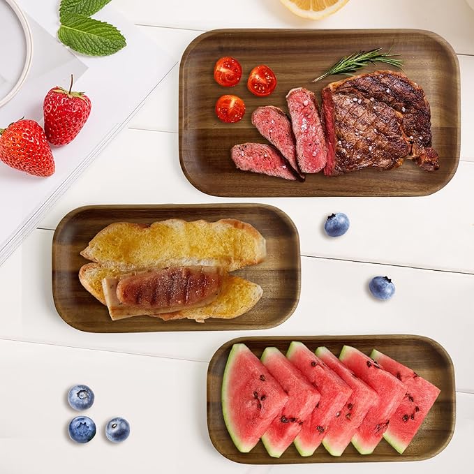Acacia Wooden Plates Set of 3, 8/8/10 Inch Rectangular Serving Platters for Charcuterie, Appetizers, Acacia Wood Plates, Stackable Dinnerware Trays for Kitchen, Party & Entertaining (Rectangular Tray)