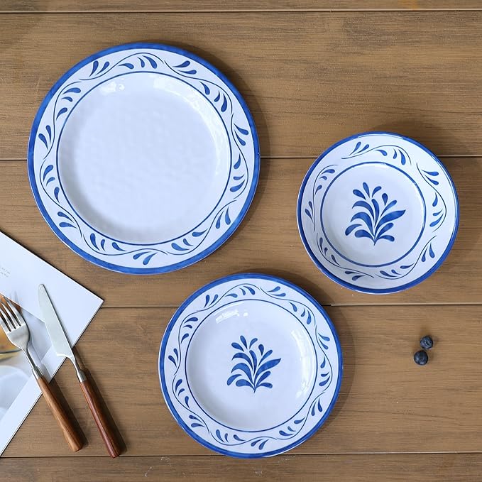 Melamine Dinnerware Sets 12 Pcs, Melamine Plates and Bowls,Party Plates and Bowls Sets, Camping Dishes Set for 4, Unbreakable, BPA Free, Dishwasher Safe （Blue water drop flower）