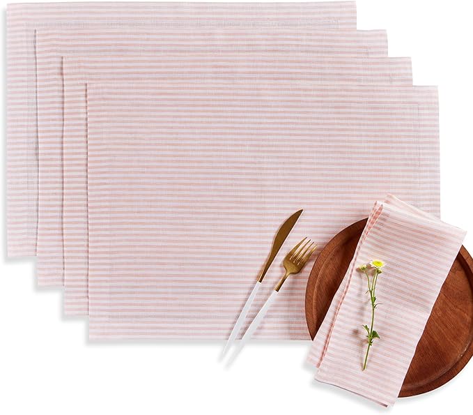 Solino Home Linen Placemats Set of 4 - Narrow Stripe Peach and White Placemats 14 x 19 Inch - 100% Pure Linen Place Mats