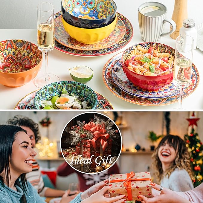Ceramic Dinner Plates, 8.5 Inch Small Salad Dessert Plate Set of 6, Colorful Bohemian Plates for Appetizers, Snacks, Fruit, Small Plate Set for Kitchen & Restaurant, Microwave, Oven and Dishware Safe
