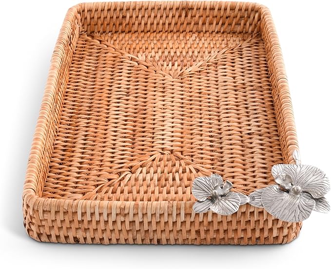 Vagabond House Handmade Wicker Tray, Small Rectangle Catchall Tray with Pewter Orchid Detail, Rattan Tray Woven Handmade Priemer Rattan Tray 12 X 9 Inches Small Designer Statement Tray