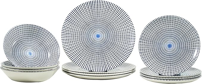 Tudor Royal Collection 12-Piece Round Dinnerware Set, Service for 4, Singapore Design, Blue Spiral, Plates Bowls Dishes, High-Gloss Premium Quality