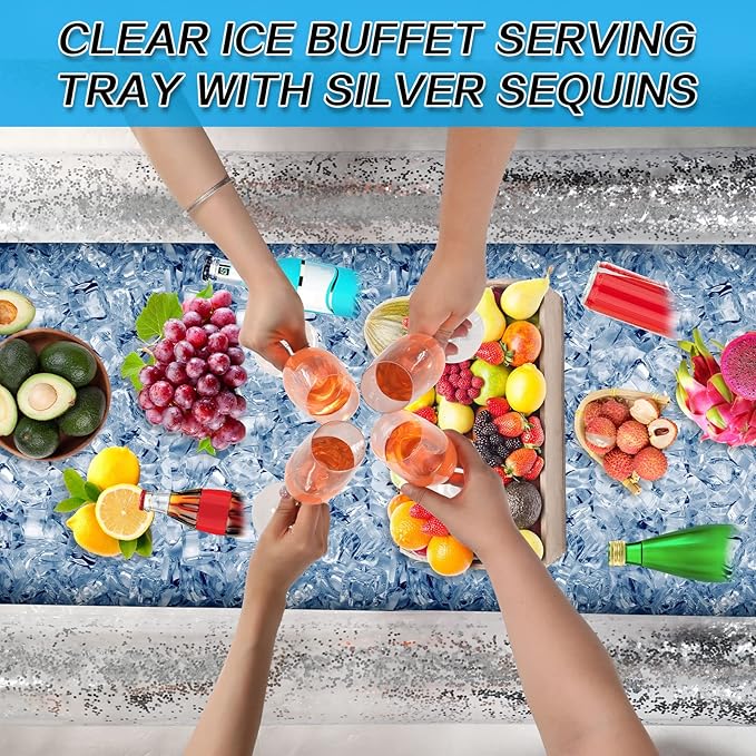 Leitee 3 Pcs Inflatable Serving Bar 52 x 24 x 5'' Ice Buffet Serving Tray Drink Cooler with Drain Plug Inflatable Pool Bar for Party Food Drink Holders with a Hand Pump(Glitter Silver)