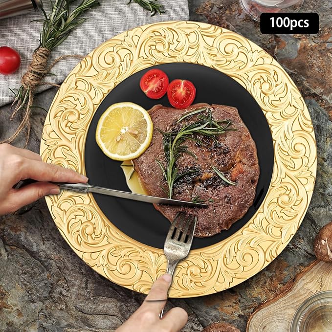 Gold Plastic Charger Plates Set of 100, 13” Reusable Party Chargers for Dinner Plates, Elegant Round Service Plate Chargers Bulk Decorative for Wedding, Catering Table Decor