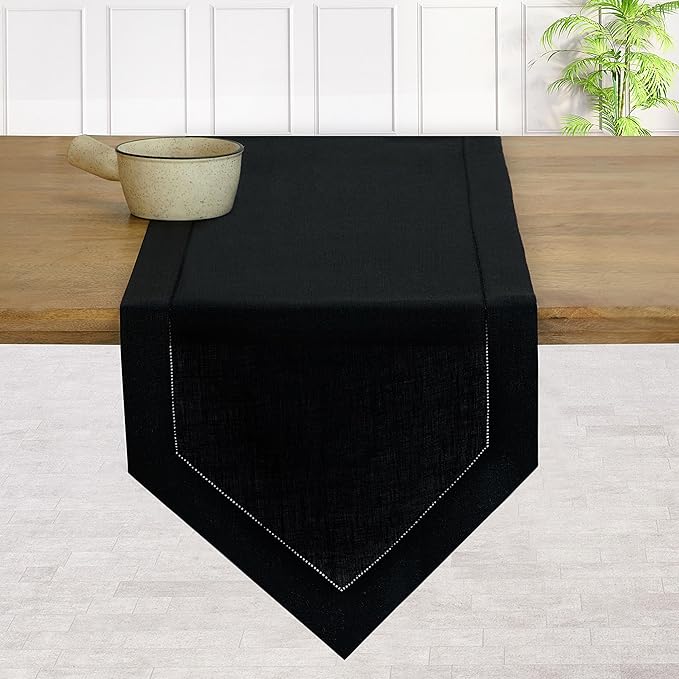 D'Moksha Homes Black Linen Table Runner 60 Inches Long - 100% Pure Linen Diamond Table Runner 14 x 60 Inch for Dining, Winter, Christmas, Holiday, New Year - Machine Washable