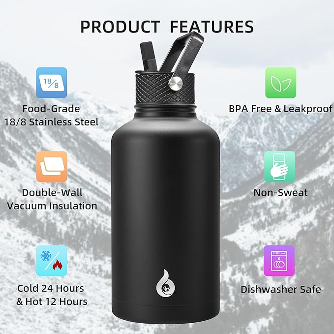 BJPKPK Half Gallon Insulated Water Bottles with Straw Lid, 64oz Large Water Jug, Stainless Steel Bottles with 3 Lids and Paracord Handle, Thermo for Hot & Cold Liquid, Black