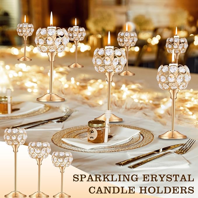 Crystal Metal Tealight Candlestick, Bling Bowl Candelabras, Tall Crystal Candle Holders Elegant Candle Centerpiece for Dining Table Wedding Home Mantel Decor(Golden, 2 Sets(6 Pcs))