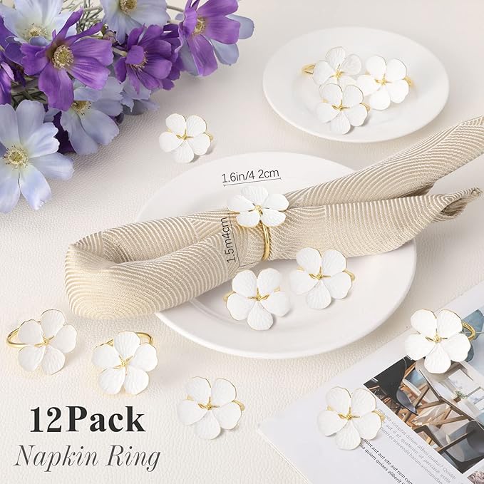 Lewondr Napkin Rings, Set of 12 Flowers Napkin Ring Holders Dinner Tables Rings Elegant Ornament Table Setting Decoration for Wedding, Christmas, Thanksgiving, Birthday, Holiday, Party, White