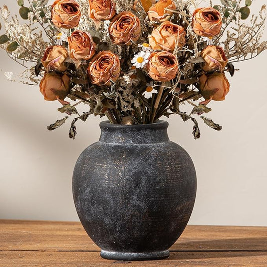 Ceramic Rustic Vase, 6 Inch Small Flower Farmhouse Vase Decorative Vase Short Pottery Vases for Home Decor Table Living Room Entryway Mantel Bookshelf Bedroom Bathroom Kitchen - Black