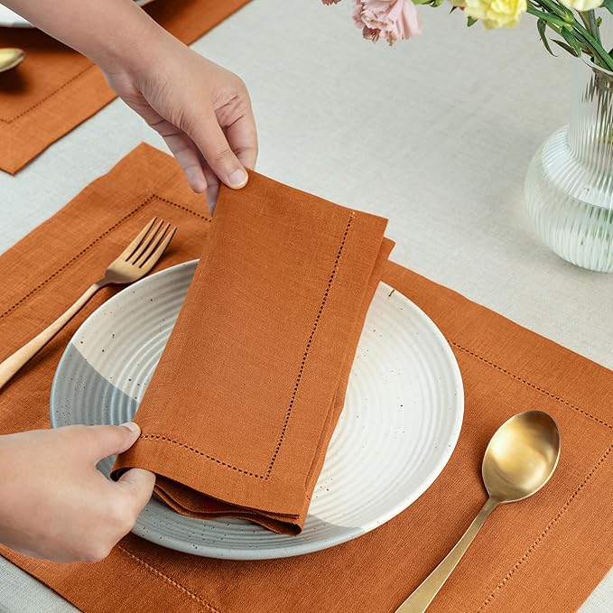 D'Moksha Homes Rust Linen Napkins Set of 4 - Classic Hemstitch 100% Pure Linen Hemstitch Dinner Napkins 20 x 20 Inch for Winter, Christmas, Holiday, New Year - Handcrafted and Machine Washable