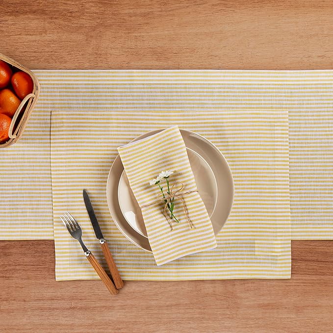 Solino Home Linen Cloth Placemats Set of 4 - Narrow Stripe 100% Pure Linen Spicy Mustard and White Farmhouse Placemats 14 x 19 Inch