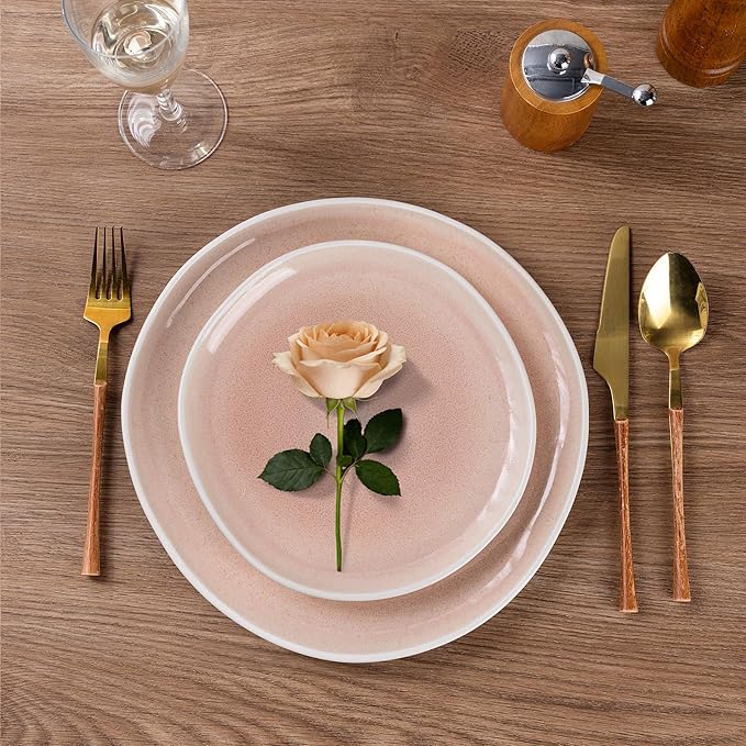 AmorArc Ceramic Dinnerware Sets,Handmade Reactive Glaze Stoneware Plates and Bowls Sets,Highly Chip and Crack Resistant | Dishwasher & Microwave Safe Dishes Set,Service for 4 (12pc)-Pink