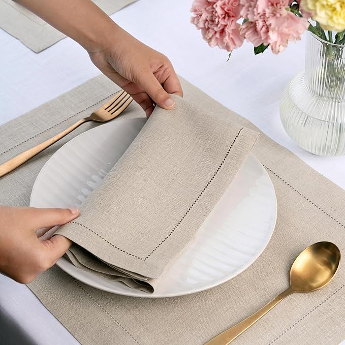 D'Moksha Homes Natural Linen Napkins Set of 8 - Classic Hemstitch 100% Pure Linen Hemstitch Dinner Napkins 20 x 20 Inch for Winter, Christmas, Holiday, New Year - Handcrafted and Machine Washable