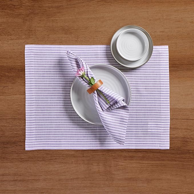 Solino Home Linen Cloth Napkins Set of 4-100% Pure Linen Lavender and White Striped Dinner Napkins 20 x 20 Inch for Christmas, New Year - Narrow Stripe, Handcrafted and Machine Washable