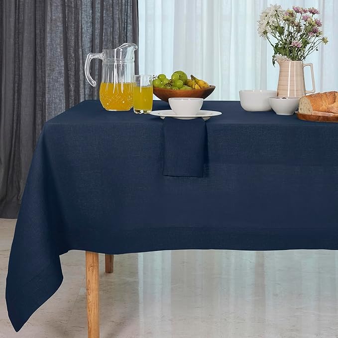 D'Moksha Homes Navy Blue Linen Tablecloth 60 x 84 Inch - 100% Pure Linen Table Cloth for Rectangle Tables - Machine Washable Cloth Tablecloth for Winter, Christmas, Holiday, New Year