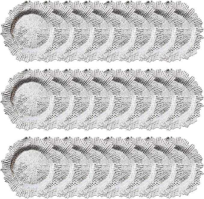 CNCEST 8in Round Charger Plates, 24 Pack Plastic Reef Plate Chargers with Flora Reef Design, Reusable Serving Plates Set for Wedding, Party, Baby Shower and Table Setting Decoration (Silver)