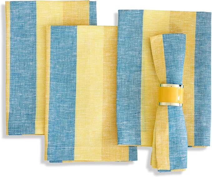Solino Home Linen Cloth Napkins Set of 4-100% Pure Linen Bright Summer Stripe Dinner Napkins 20 x 20 Inch - Cabana Stripe, Handcrafted and Machine Washable