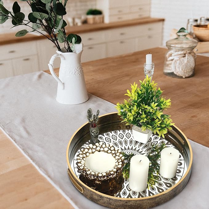 SINT Serving Tray with Antique Look & Stylish Design, Decorative Trays with Handles for Kitchen, Round Ottoman Tray for Dinning | Living Room & Home Décor | Pack of 2