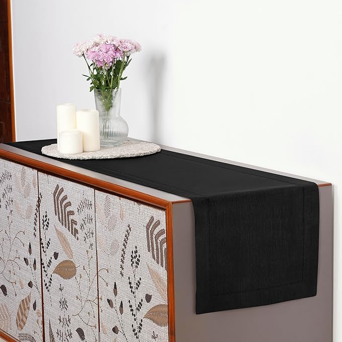 D'Moksha Homes Linen Black Table Runner 84 Inches Long - 100% Pure Linen Table Runner 14 x 84 Inch for Winter, Christmas, Holiday, New Year - Classic Hemstitch