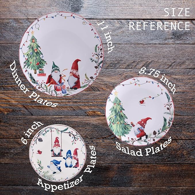 Bico Christmas Gnomes Dinner Plates Set of 4, 11 Inch Large Ceramic Plates for Pasta, Steak, Stylish Serving Dishes, Microwave and Dishwasher Safe, Gift for Housewarming and Christmas