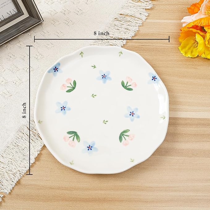 Koythin Floral Ceramic Dinner Plates, 8" Microwave Safe Dishes for Pasta, Modern Rustic Appetizer Plate for Salad Fruits Dessert Cake (Blue Flowers)