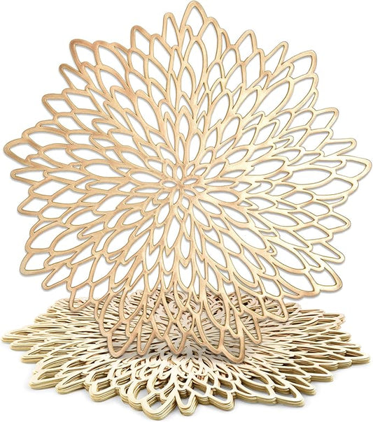Juvale Gold Placemats - 14.4-Inch Round Vinyl with Leaf Design, Pack of 10 - Table Chargers for Dinner Table Decor